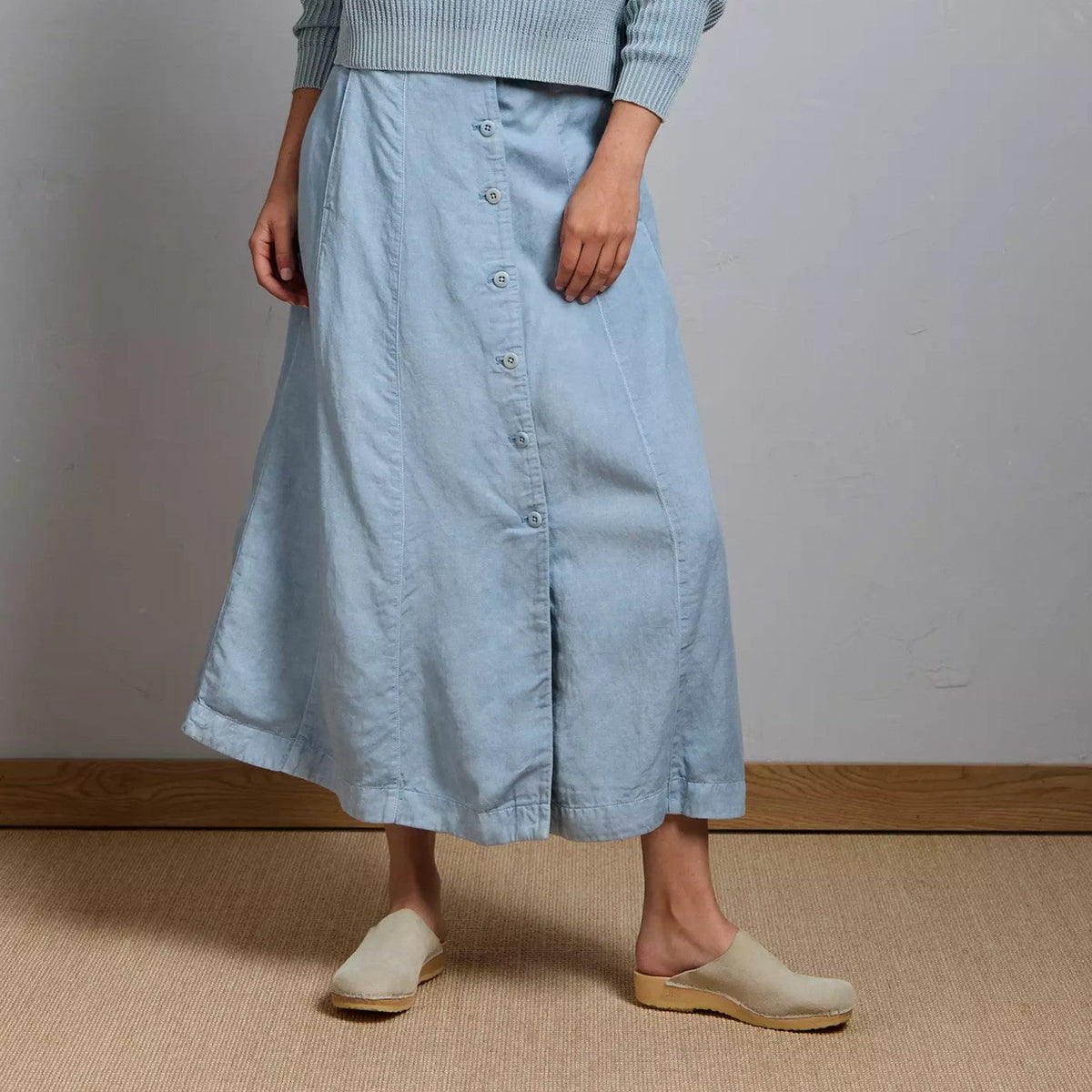 Light Blue Linen-Lyocell Blend Full Front Button Elegant Drape Maxi Skirt