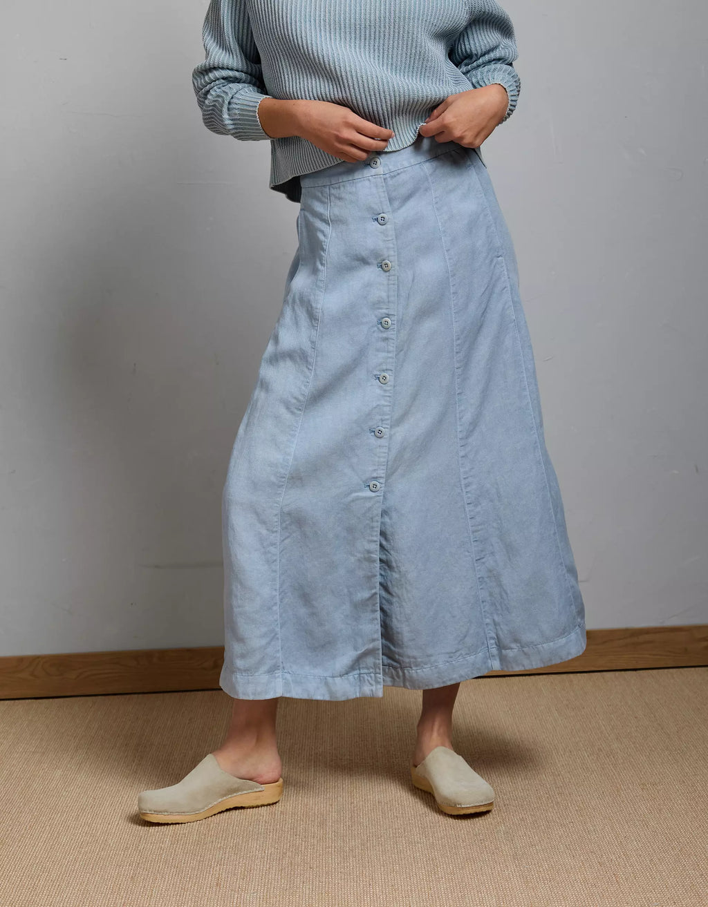 Light Blue Linen-Lyocell Blend Full Front Button Elegant Drape Maxi Skirt