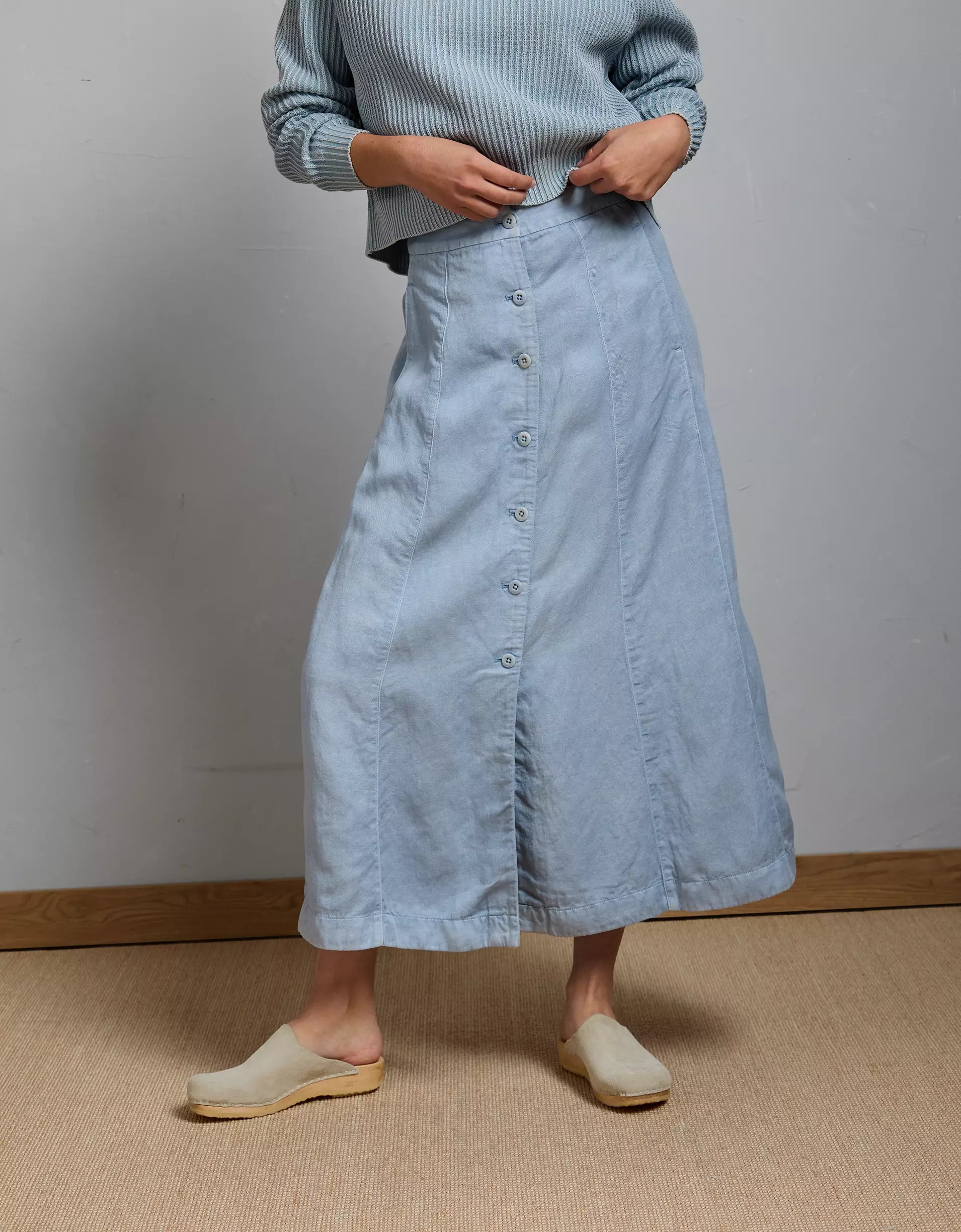 Light Blue Linen-Lyocell Blend Full Front Button Elegant Drape Maxi Skirt