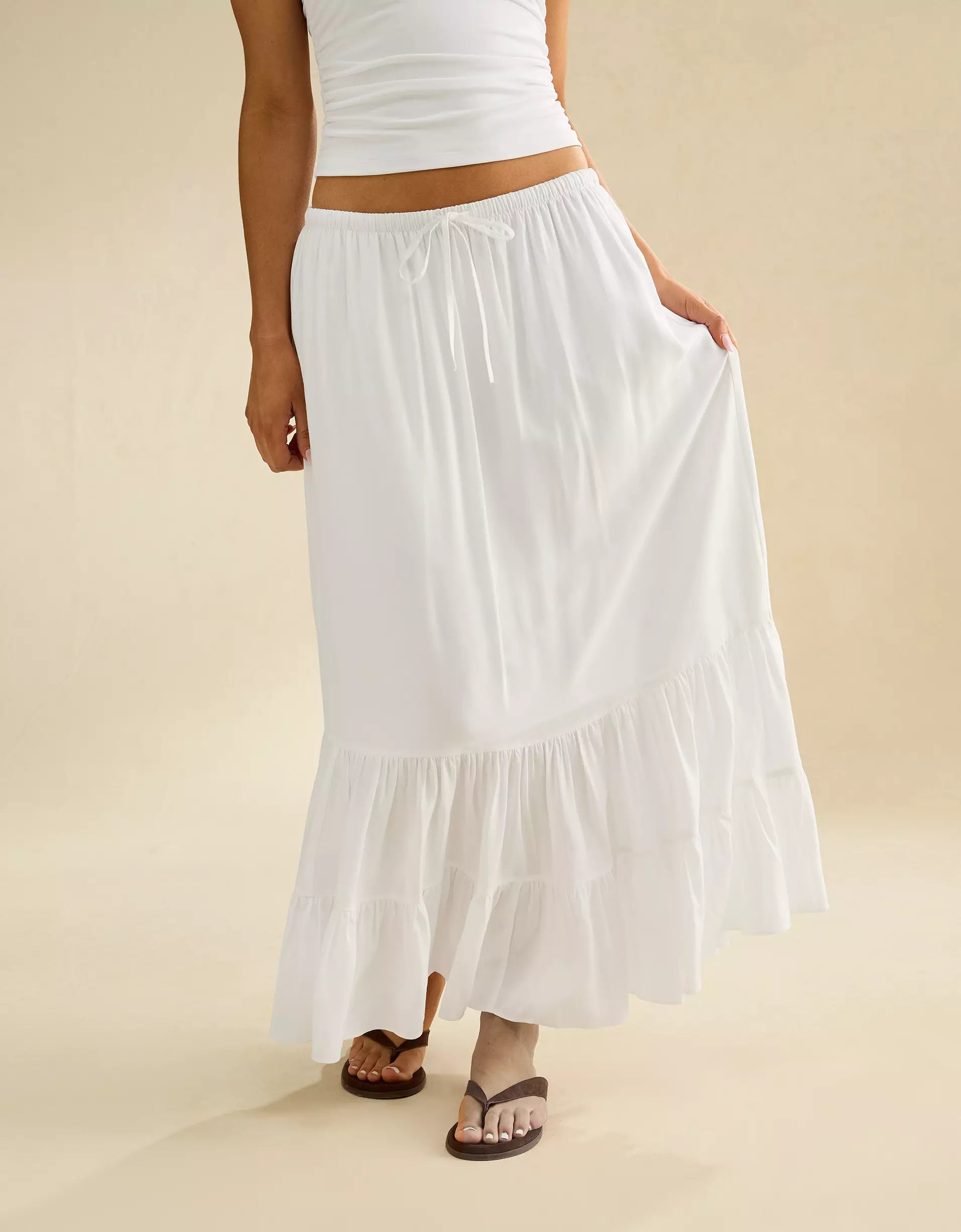 Fresh White Mid-Rise Drawstring Tiered Ruffle Viscose Maxi Skirt