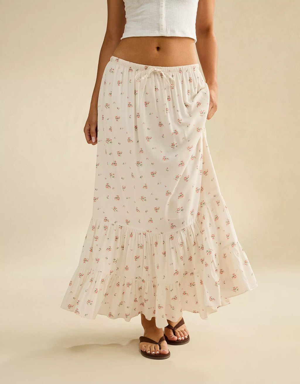 Off-White Floral Drawstring Tiered Ruffle Cotton Maxi Skirt