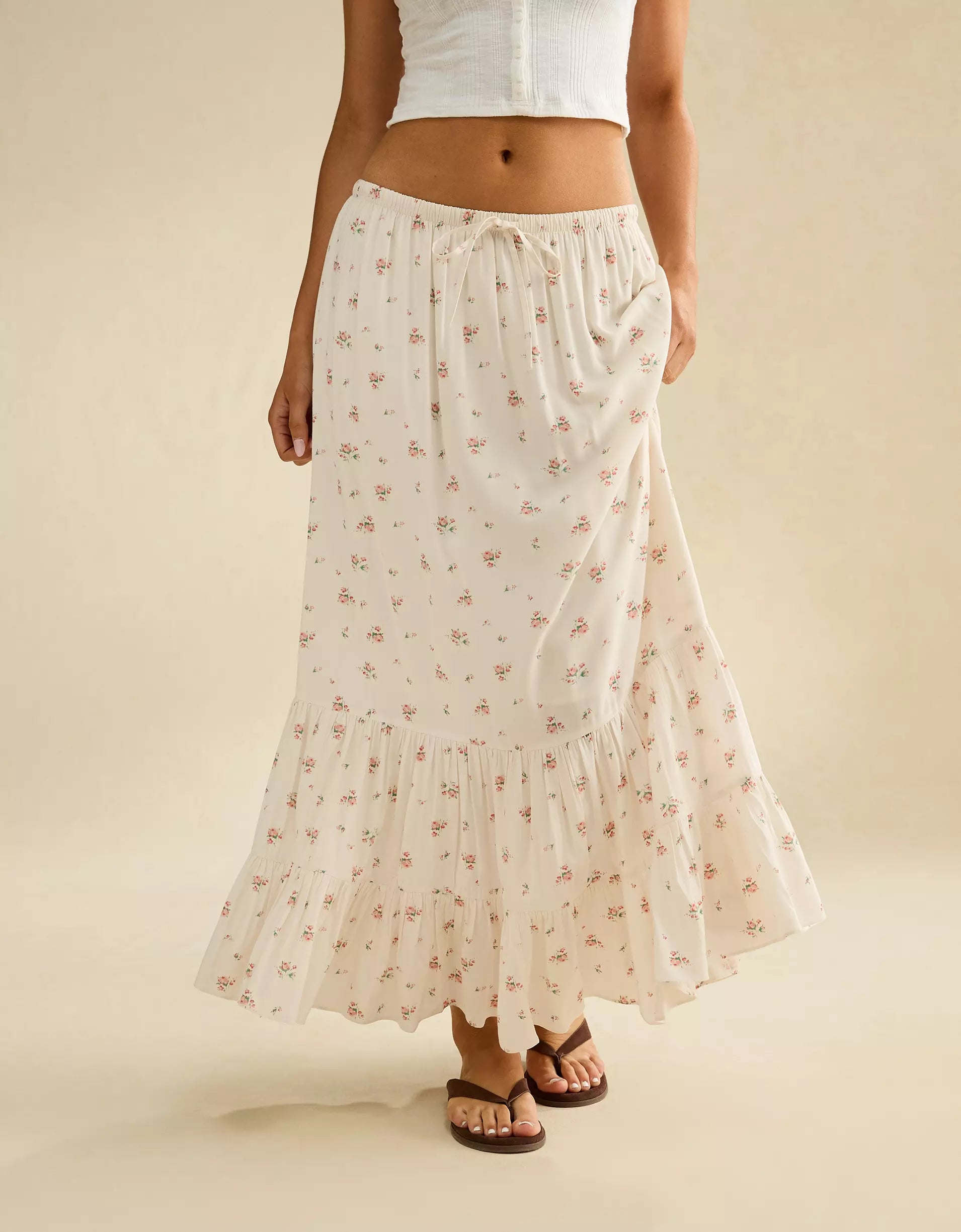Off-White Floral Drawstring Tiered Ruffle Cotton Maxi Skirt