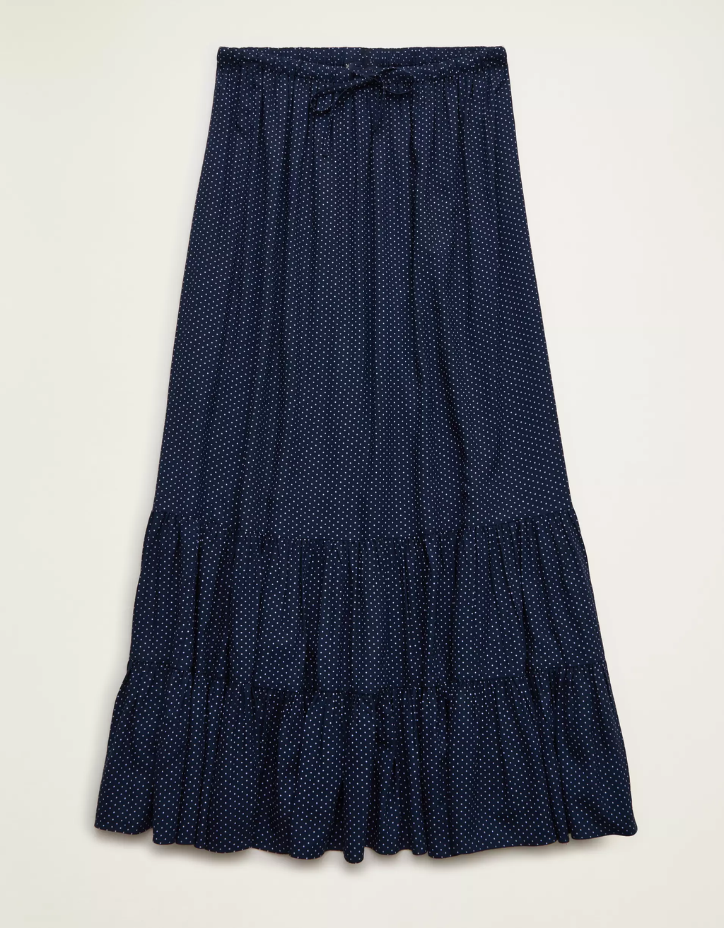 Deep Sea Blue Polka Dot Mid-Rise Drawstring Tiered Ruffle Cotton Maxi Skirt