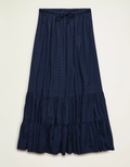 Deep Sea Blue Polka Dot Mid-Rise Drawstring Tiered Ruffle Cotton Maxi Skirt