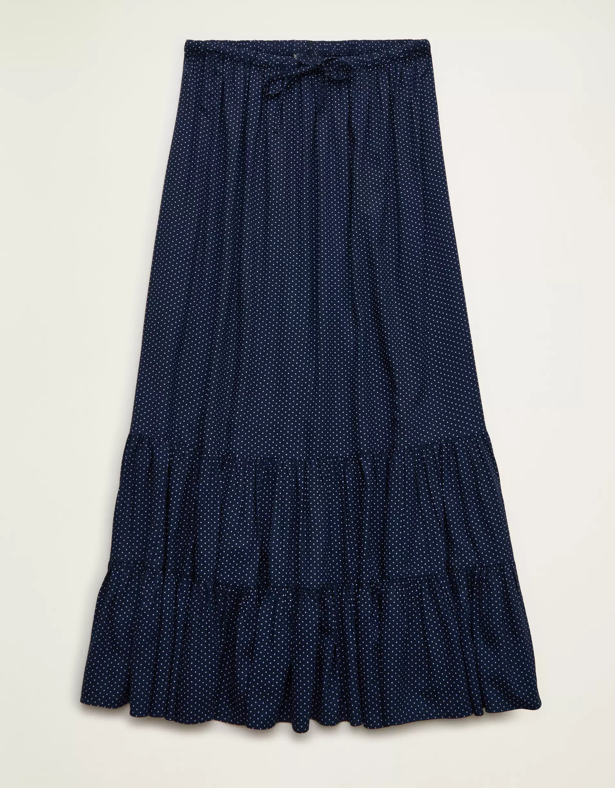 Deep Sea Blue Polka Dot Mid-Rise Drawstring Tiered Ruffle Cotton Maxi Skirt