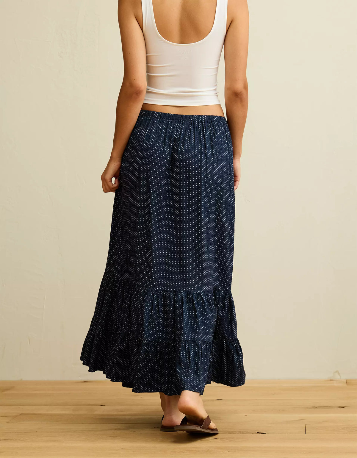Deep Sea Blue Polka Dot Mid-Rise Drawstring Tiered Ruffle Cotton Maxi Skirt