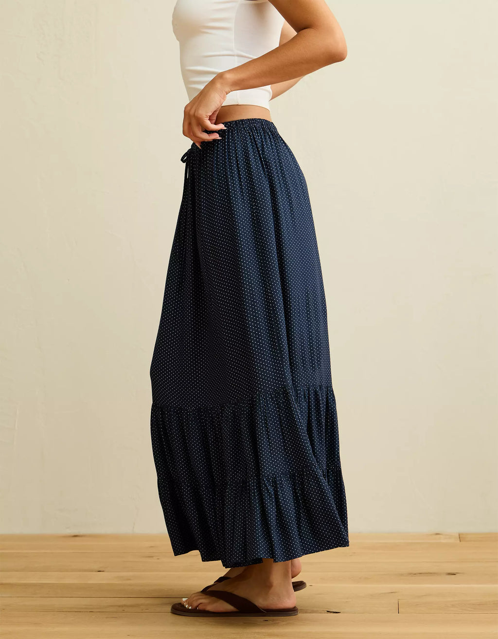 Deep Sea Blue Polka Dot Mid-Rise Drawstring Tiered Ruffle Cotton Maxi Skirt