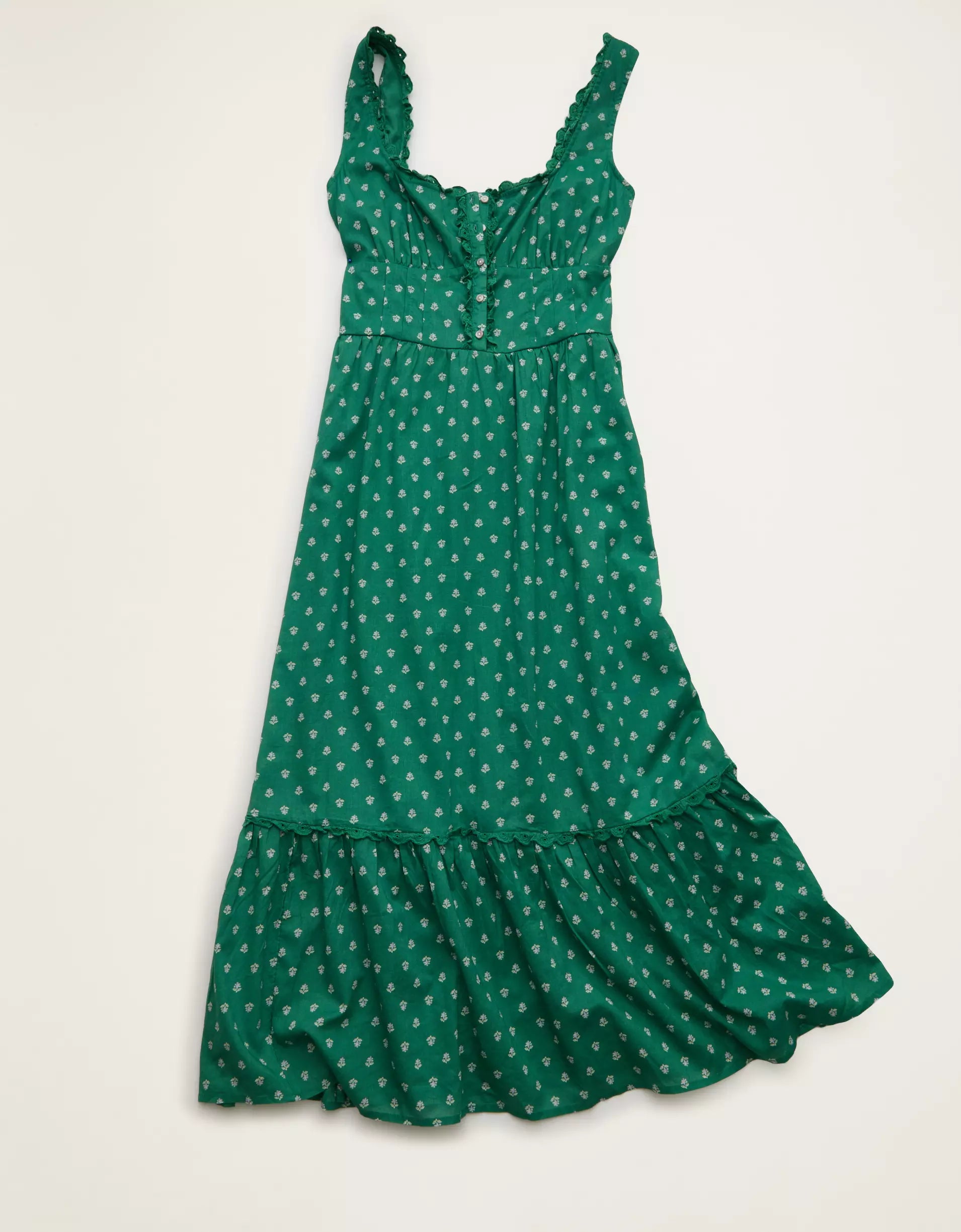 Leaf Green Polka Dot Sweetheart Corset Pintuck Lace Trim Cotton Midi Dress