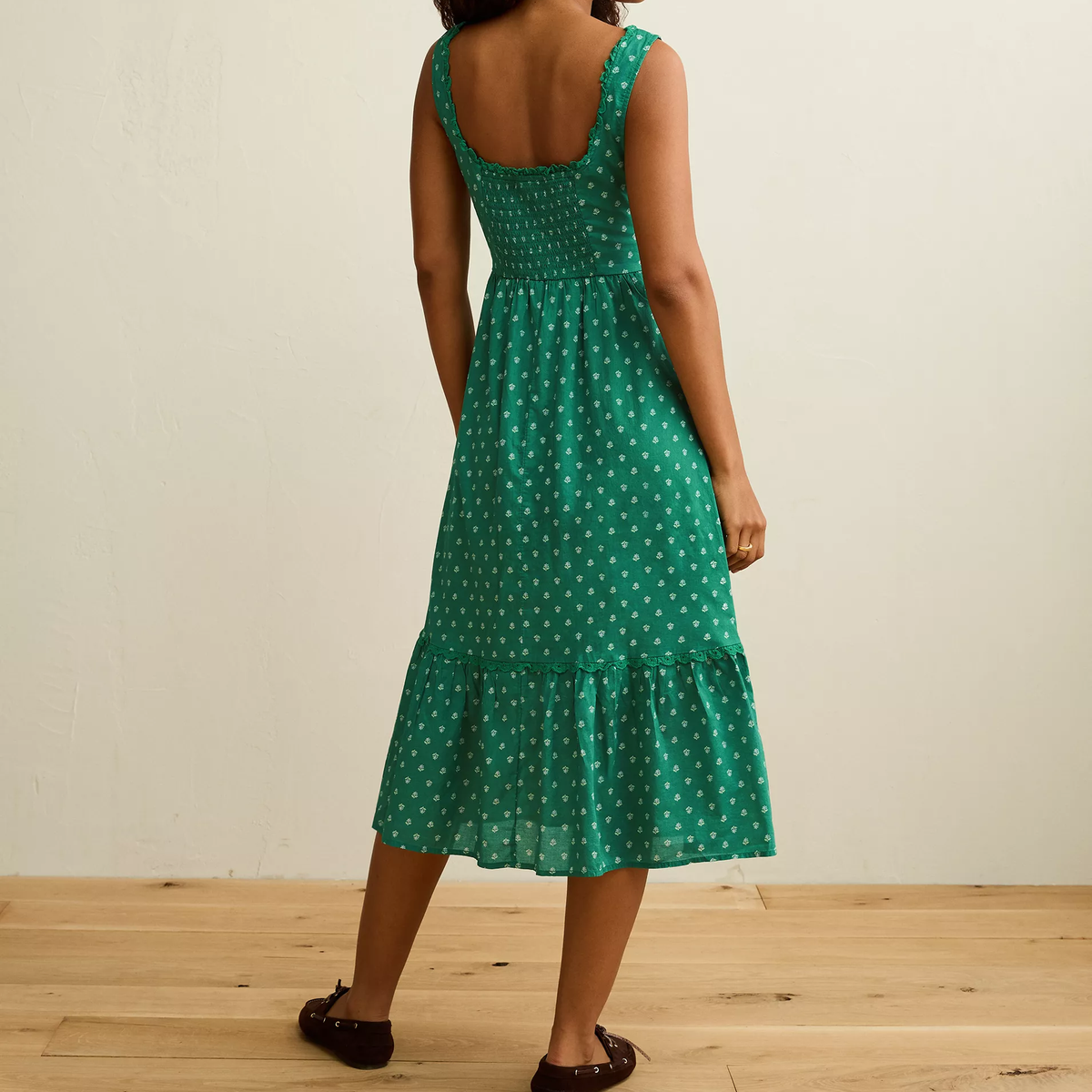 Leaf Green Polka Dot Sweetheart Corset Pintuck Lace Trim Cotton Midi Dress