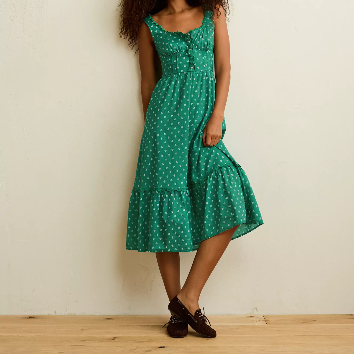 Leaf Green Polka Dot Sweetheart Corset Pintuck Lace Trim Cotton Midi Dress