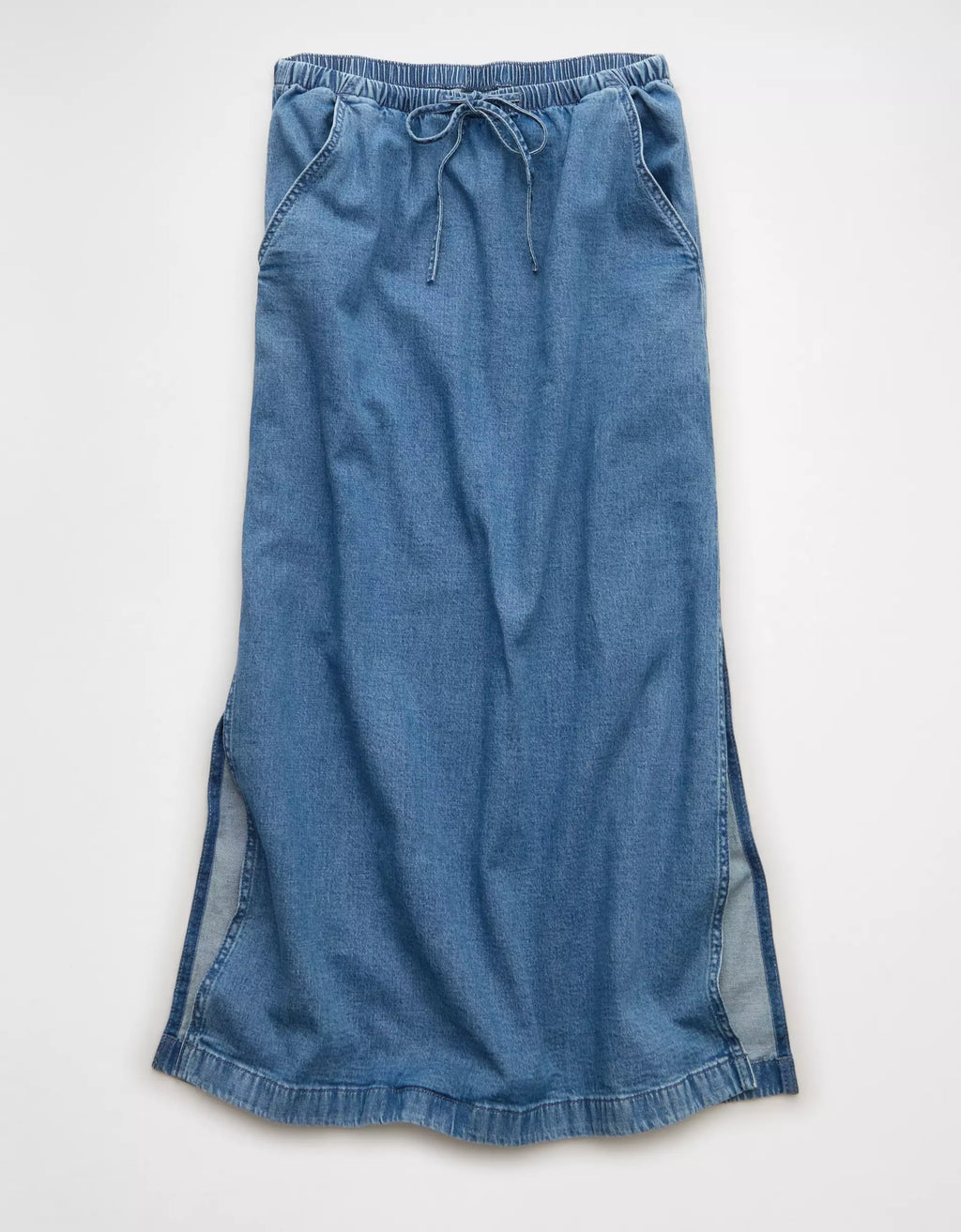 Medium Wash Denim Elastic Drawstring Side Slit Drapey Cotton Maxi Skirt