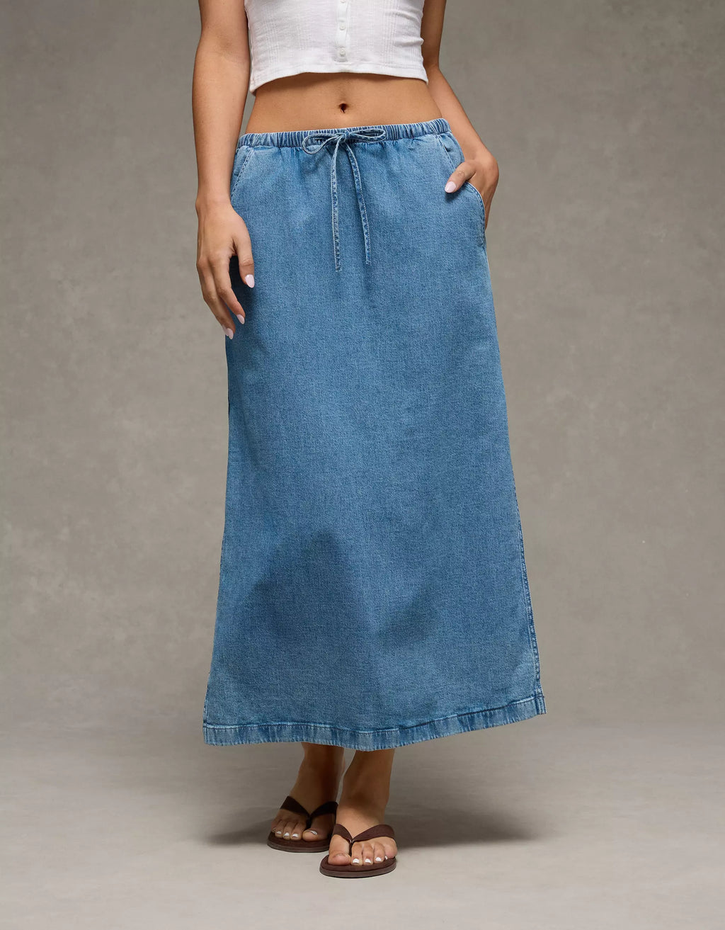 Medium Wash Denim Elastic Drawstring Side Slit Drapey Cotton Maxi Skirt