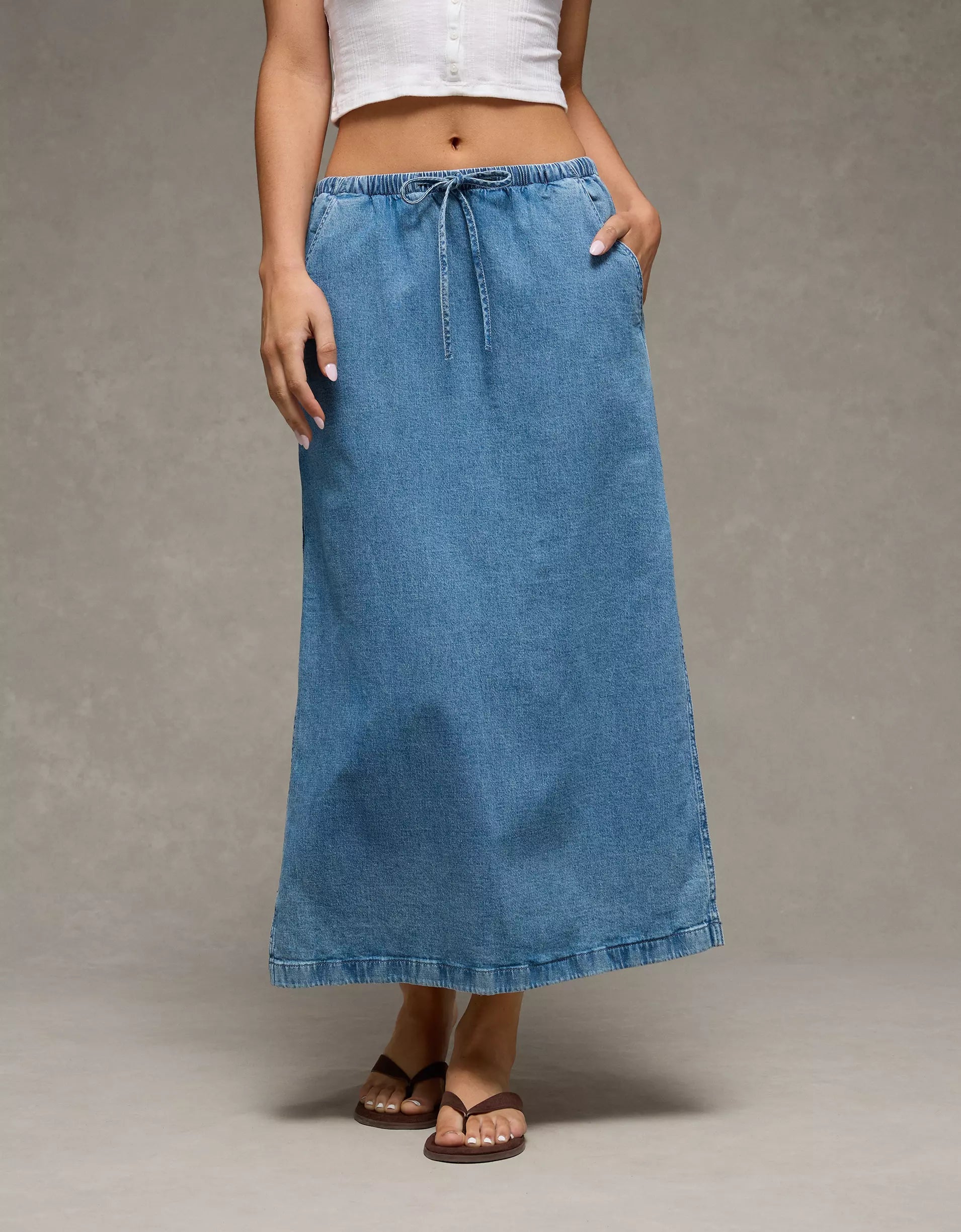 Medium Wash Denim Elastic Drawstring Side Slit Drapey Cotton Maxi Skirt