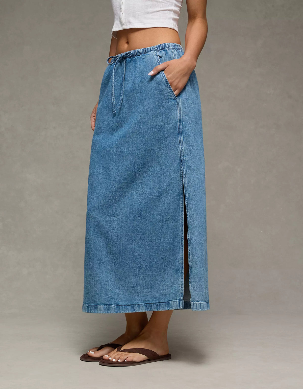 Medium Wash Denim Elastic Drawstring Side Slit Drapey Cotton Maxi Skirt