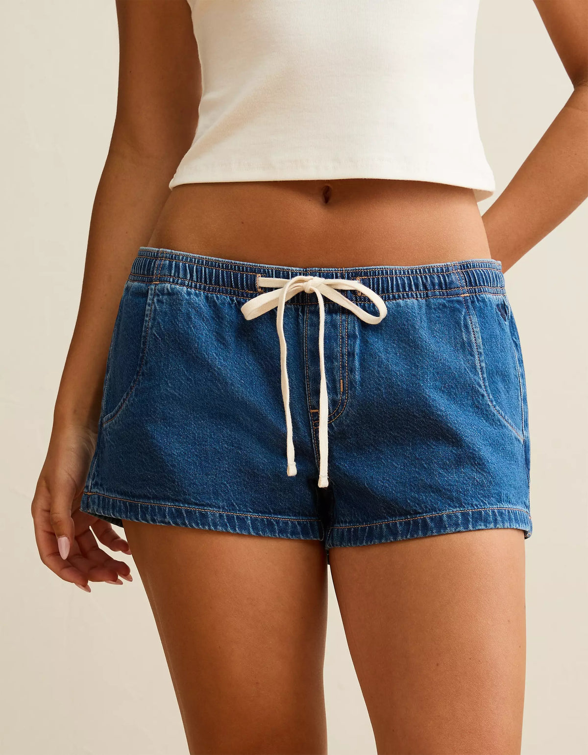 Medium Indigo Wash Super Low-Rise Drawstring Pull-On Denim Shorts