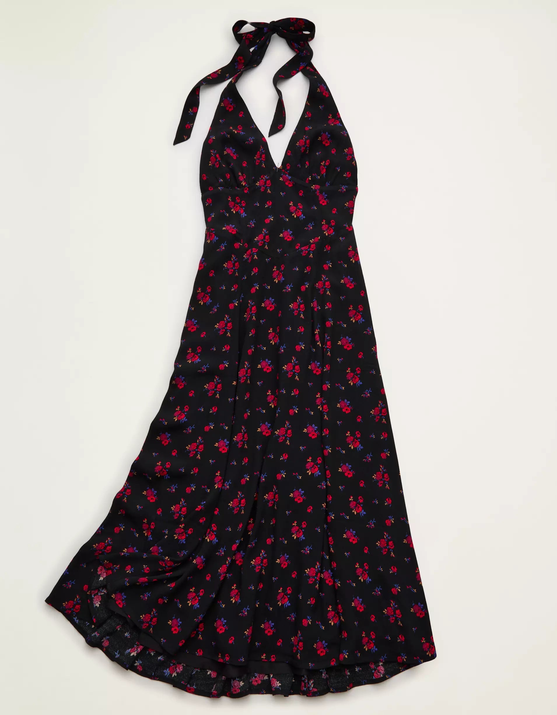 Black Floral V-Neck Halter Corset Flowy Viscose Maxi Dress