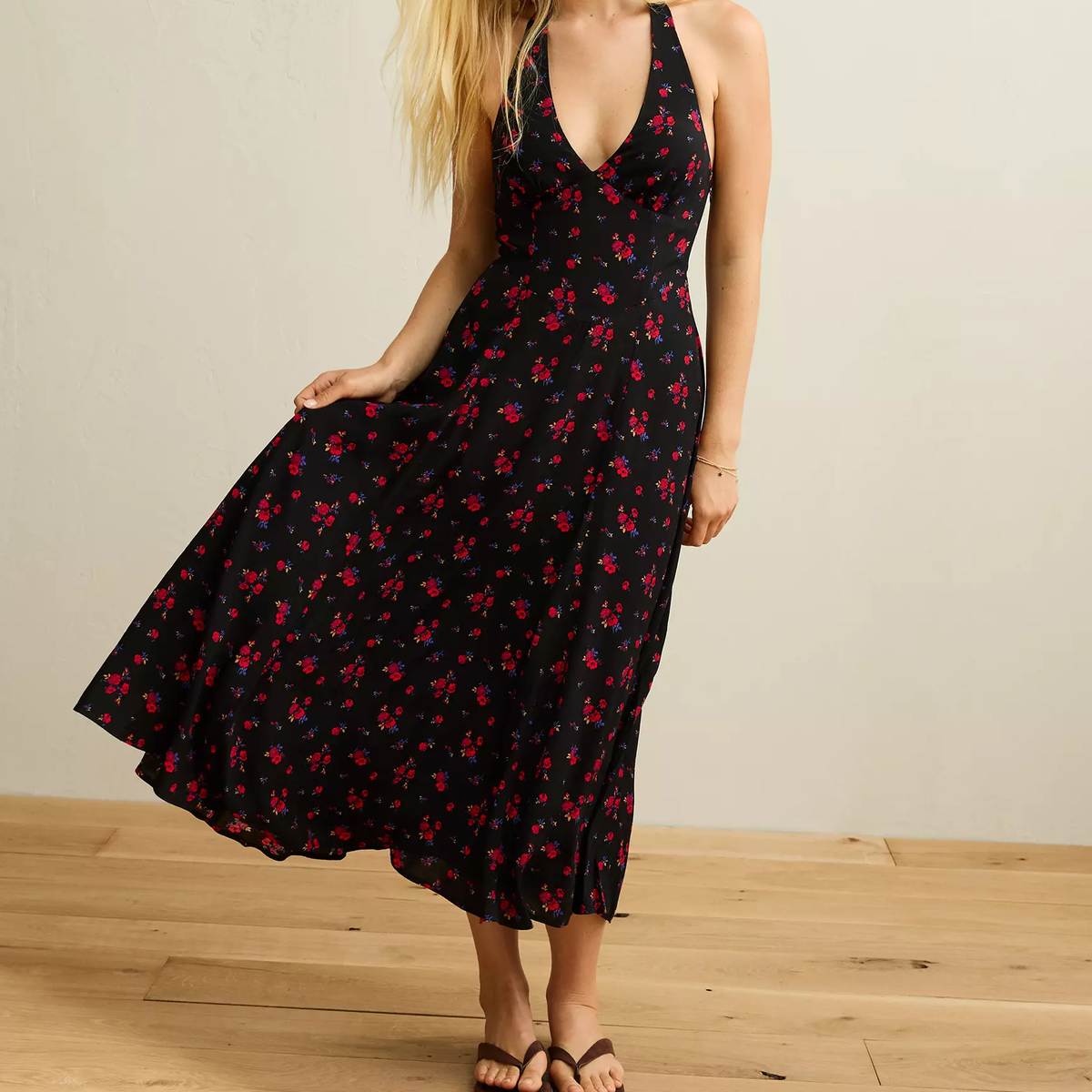 Black Floral V-Neck Halter Corset Flowy Viscose Maxi Dress