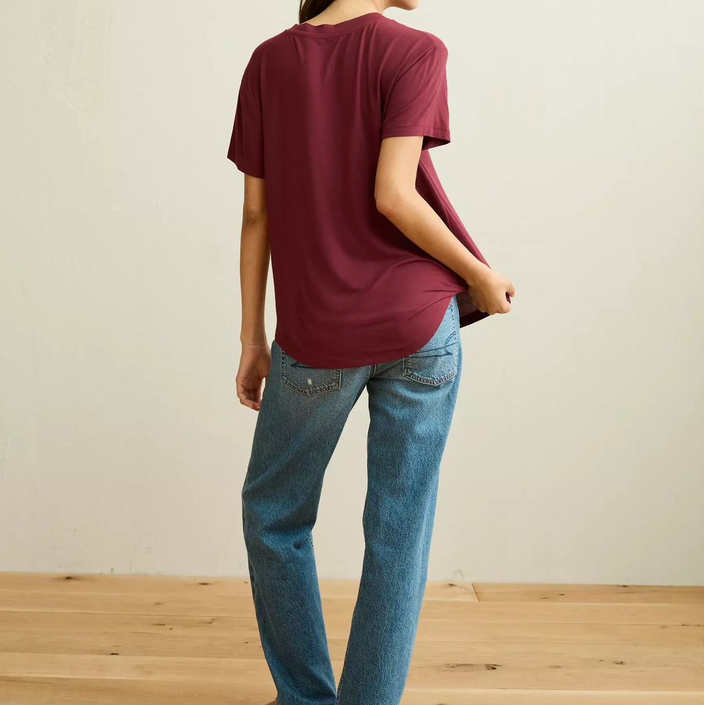 Burgundy V-Neck Short Sleeve Modal Blend Casual T-Shirt