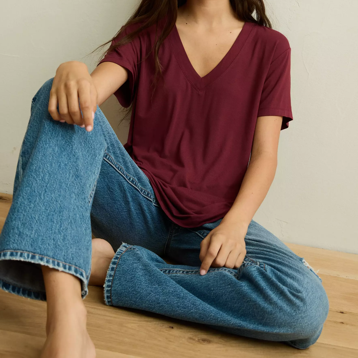 Burgundy V-Neck Short Sleeve Modal Blend Casual T-Shirt