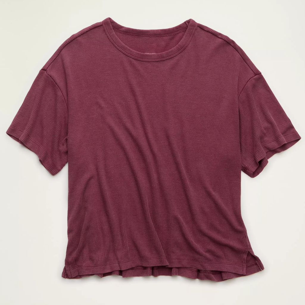 Bordeaux Waffle Texture Crew Neck Modal Blend Loose Short Sleeve T-Shirt
