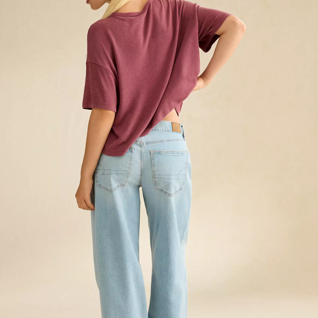 Bordeaux Waffle Texture Crew Neck Modal Blend Loose Short Sleeve T-Shirt
