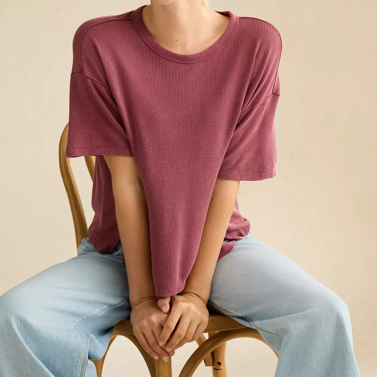Bordeaux Waffle Texture Crew Neck Modal Blend Loose Short Sleeve T-Shirt