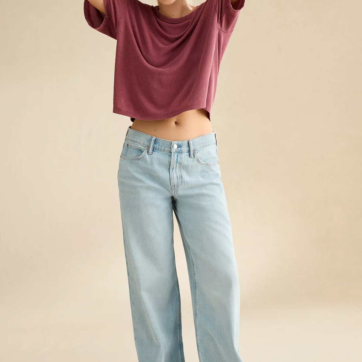 Bordeaux Waffle Texture Crew Neck Modal Blend Loose Short Sleeve T-Shirt