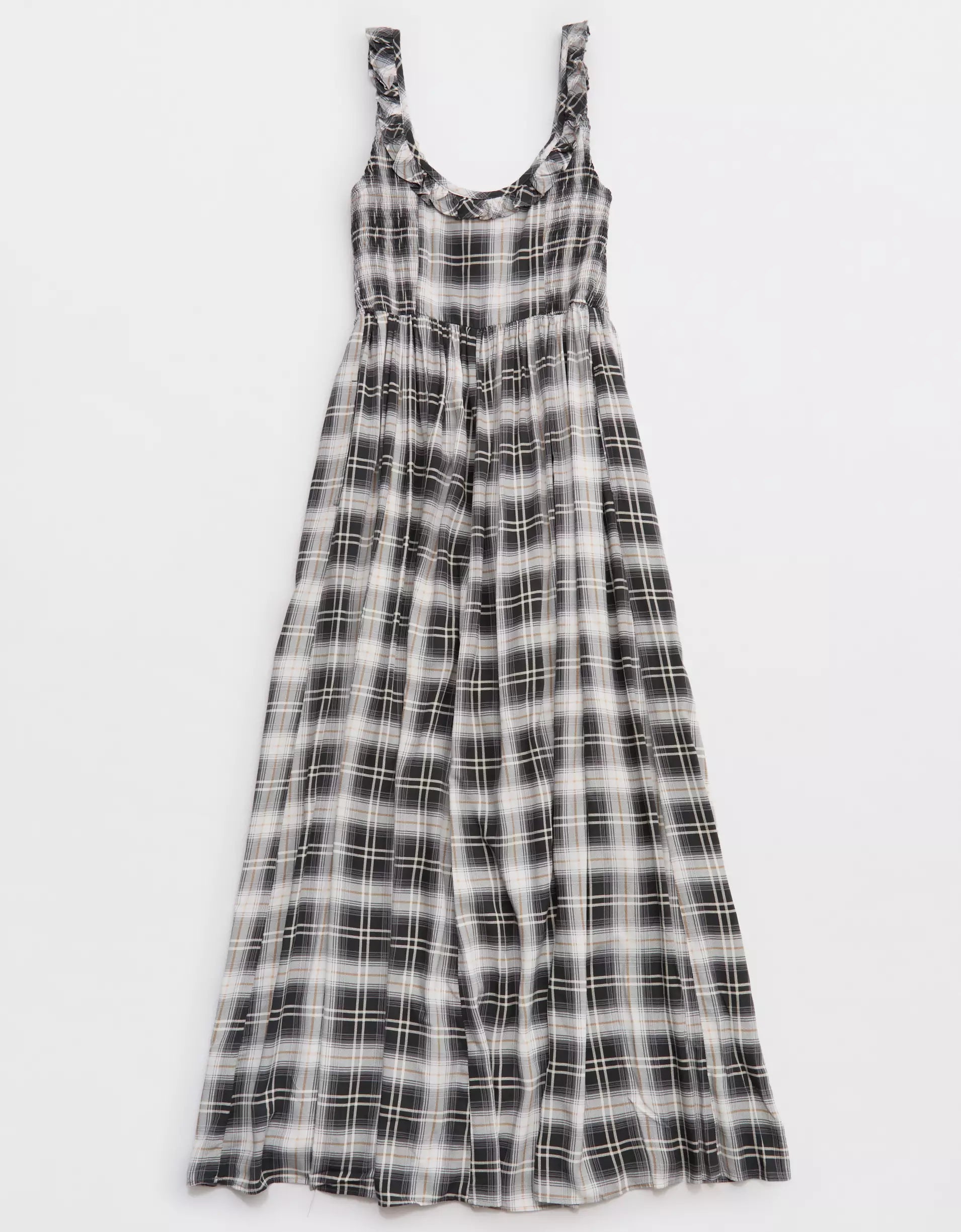 Plaid Ruffle Tie Neck Side Smocked Drapey Rayon Midi Dress