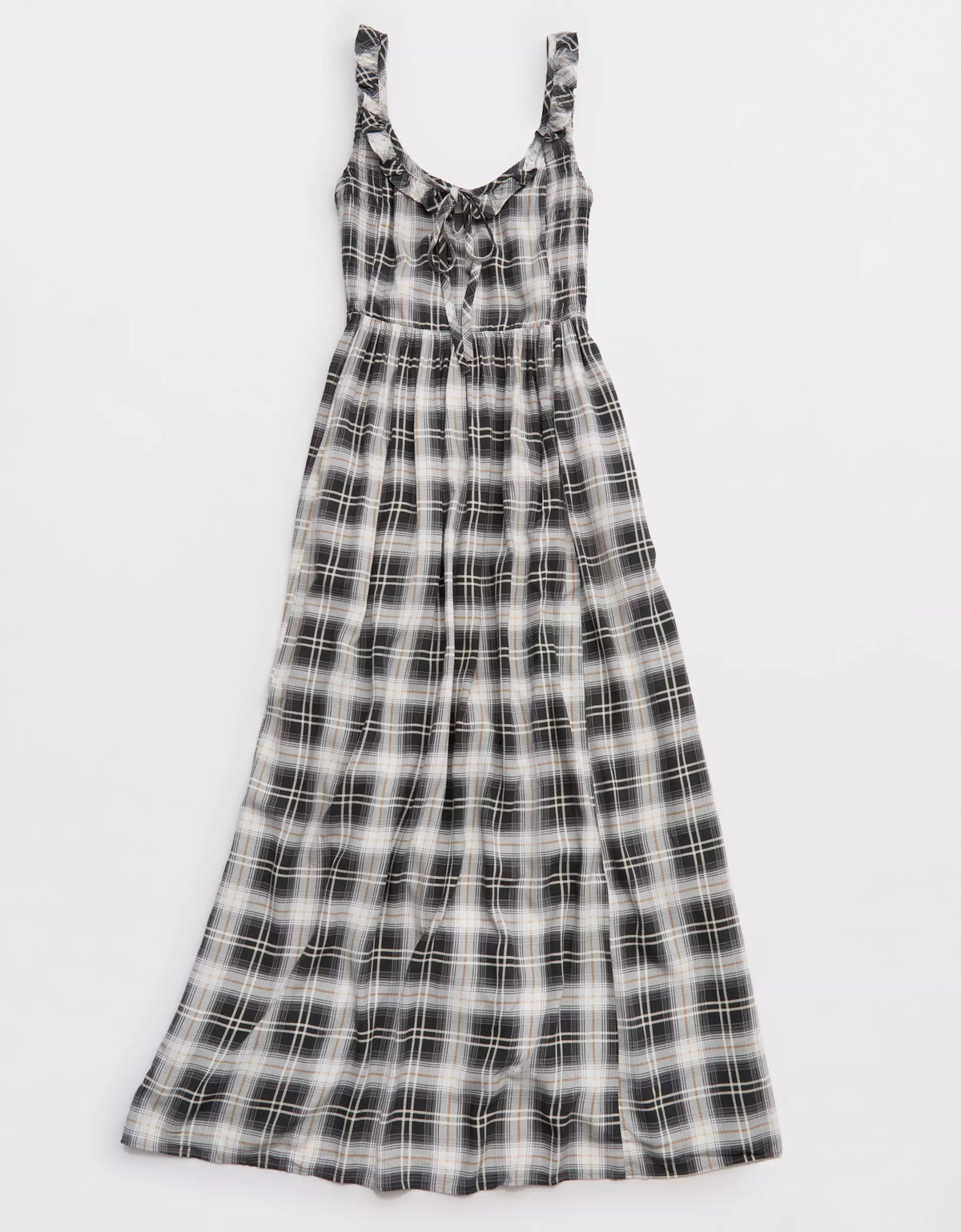 Plaid Ruffle Tie Neck Side Smocked Drapey Rayon Midi Dress