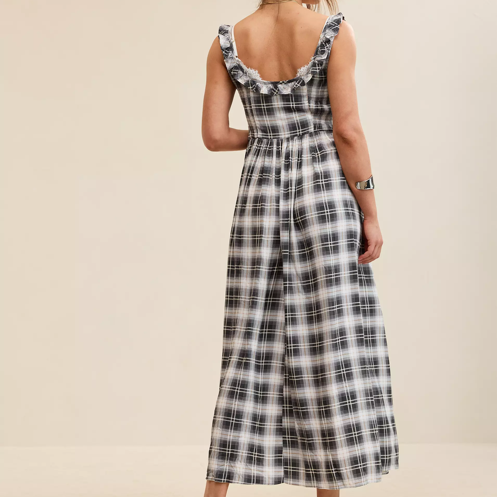 Plaid Ruffle Tie Neck Side Smocked Drapey Rayon Midi Dress