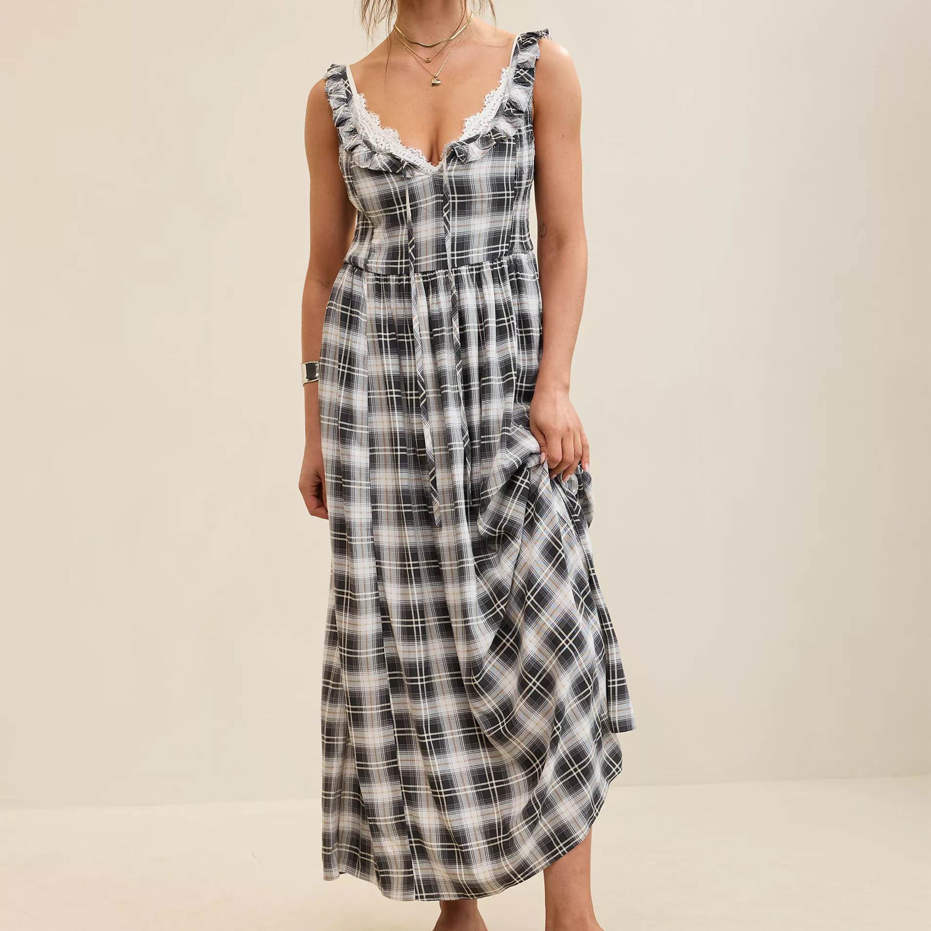 Plaid Ruffle Tie Neck Side Smocked Drapey Rayon Midi Dress