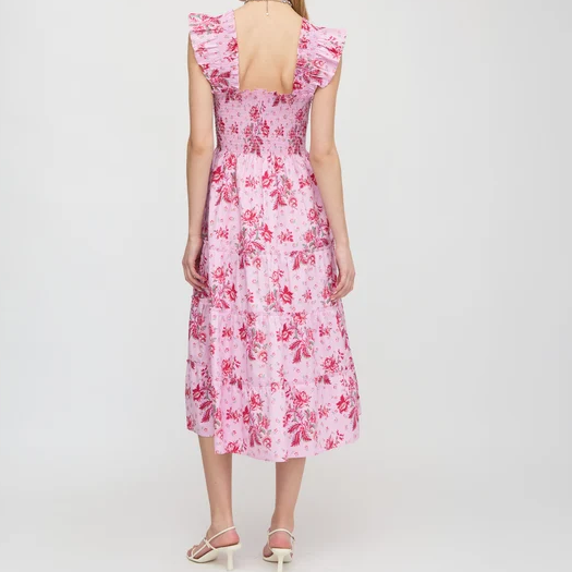 Floral Square Neck Ruffle Shoulder Tiered A-Line Cotton Midi Nap Dress