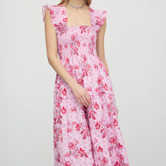 Floral Square Neck Ruffle Shoulder Tiered A-Line Cotton Midi Nap Dress