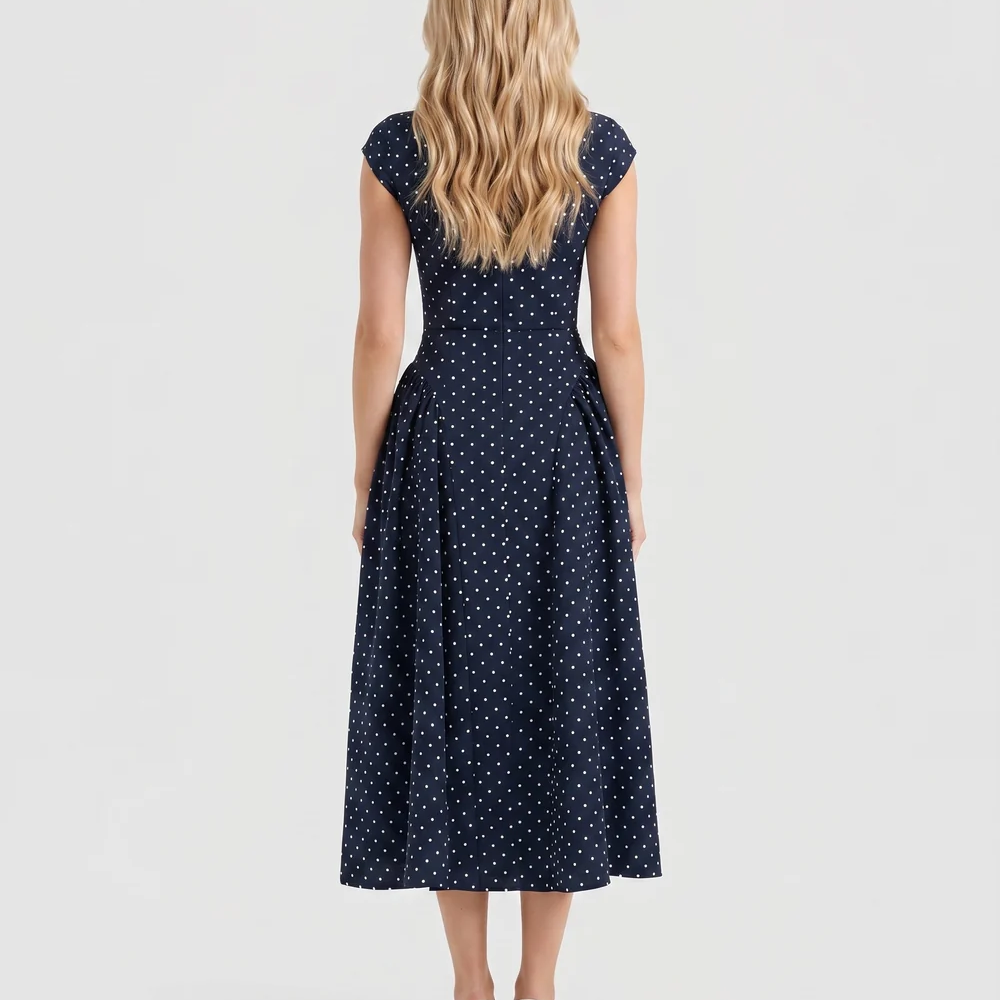 Navy Polka Dot High Neck Cap Sleeve Fit-and-Flare Midi Dress