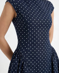 Navy Polka Dot High Neck Cap Sleeve Fit-and-Flare Midi Dress