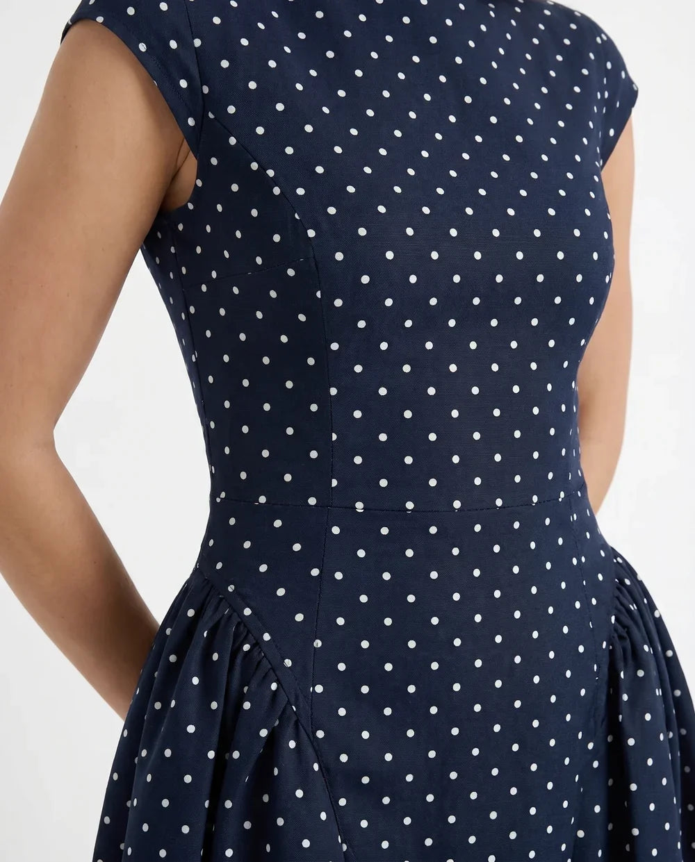 Navy Polka Dot High Neck Cap Sleeve Fit-and-Flare Midi Dress
