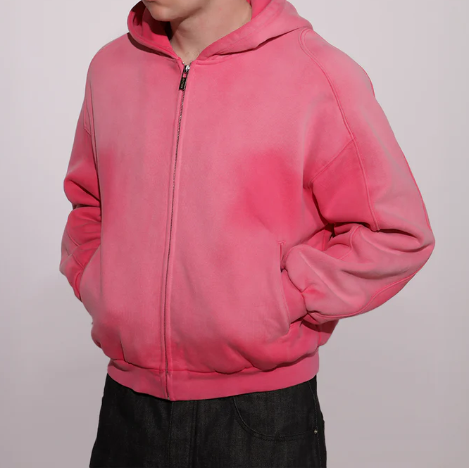 460GSM Vintage Sun Faded Full Zip Cropped Cotton Fleece Hoodie